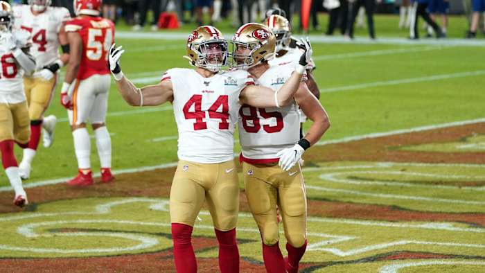 Juszczyk (left) has also garnered attention this season for his wife, Kristin’s, clothing designs.